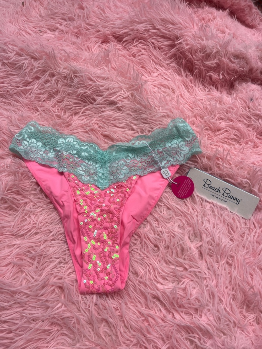 Beach Bunny Lady Lace Pink Bikini Bottoms with Mint Lace Trim
